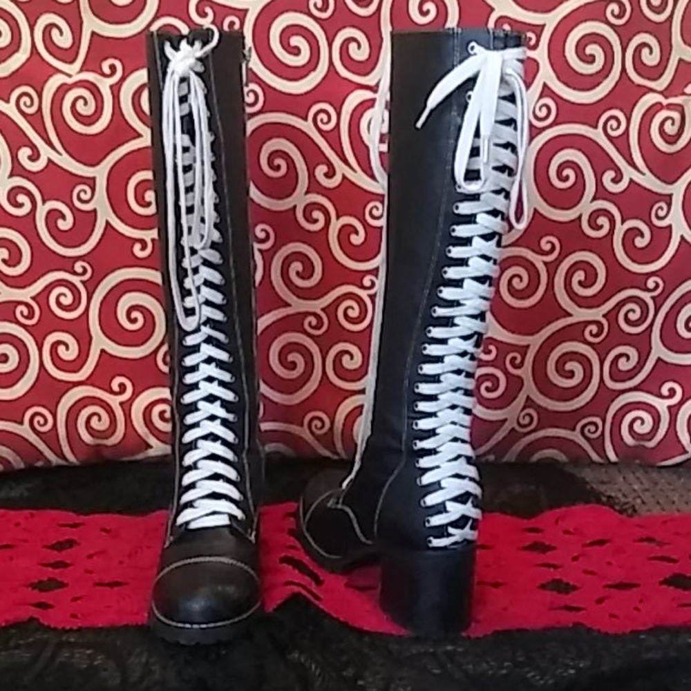 ❤Black Corset Lace Up Boots with Side zipper